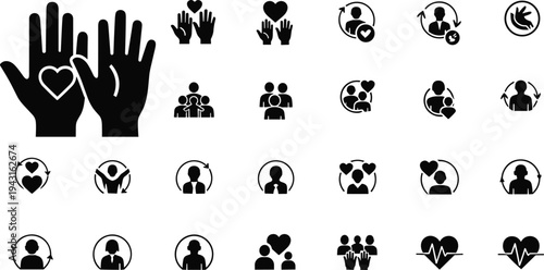 Healthcare icons, wellness silhouettes, family care, community support, medical heart symbols, social services, compassion, unity, teamwork, emotional well‑being, charity, connection