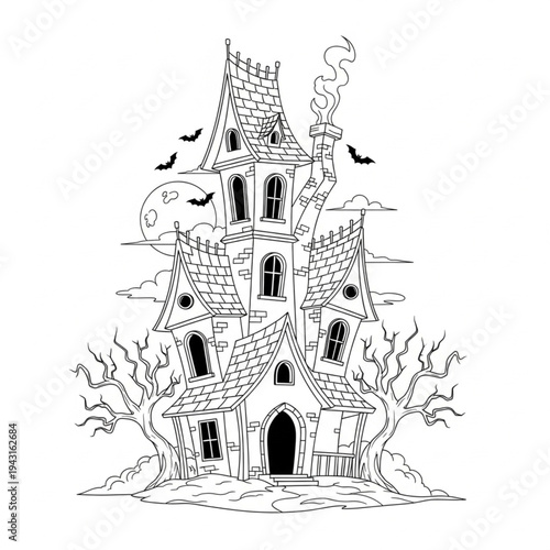 Black and White Haunted House Illustration.