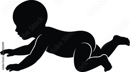 Black silhouette of a cute baby crawling isolated on white background for childhood and infant development design projects