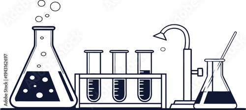  A set of scientific laboratory glassware, including flasks, test tubes in a rack, and a beaker with a stirring rod, illustrated in a clean.