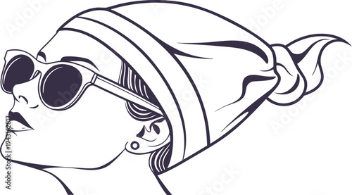 A profile portrait of a woman adorned in vintage sunglasses and a chic headscarf, exuding timeless style and grace.