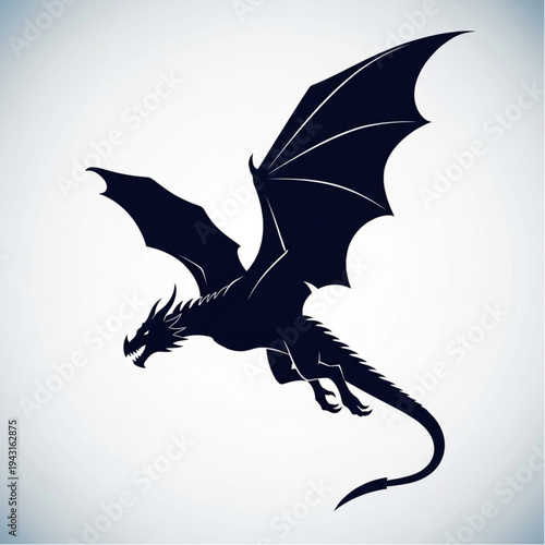 Black Dragon Silhouette Flying Through Air.