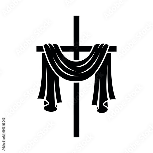 Christian cross with draped fabric symbolizing resurrection and hope.