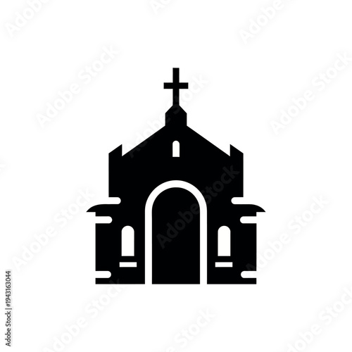 Church Building Silhouette with Cross Icon.