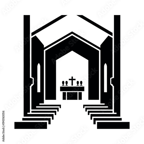 Church interior silhouette with altar and cross.