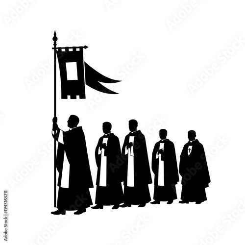 Monks in procession with a banner.