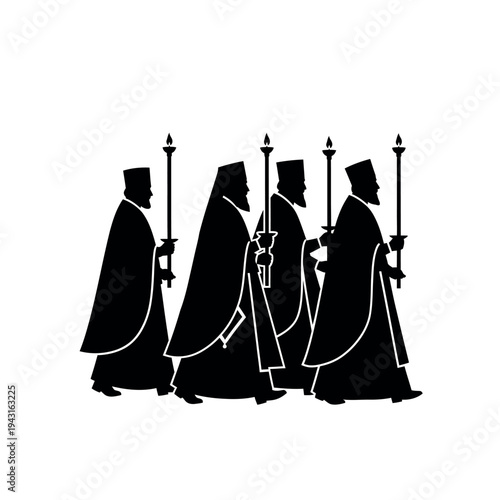 Orthodox Christian priests procession with candles.