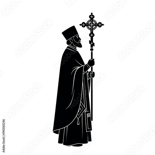 Orthodox priest holding a cross in silhouette.