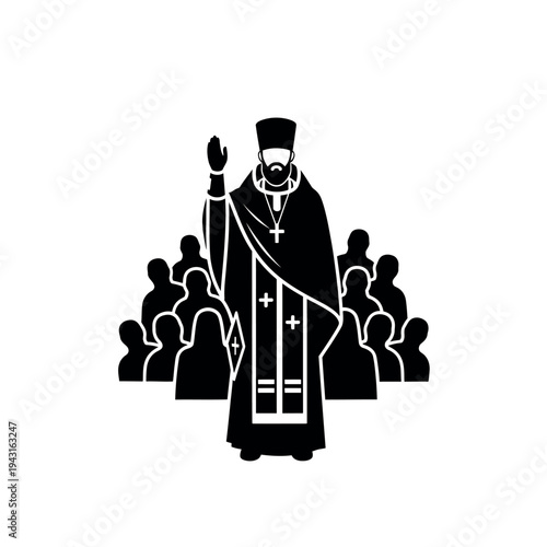 Orthodox priest blessing congregation in church.