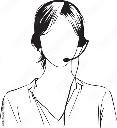 Hand Drawn Female Customer Service Agent Black and White Avatar Illustration in Minimal Line Art Style Design