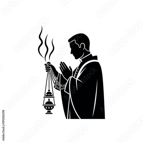 Priest holding censer in prayer silhouette.
