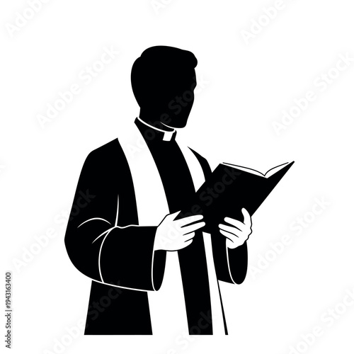 Silhouette of a priest holding a book black and white illustration.