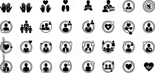 Healthcare icons, wellness silhouettes, community support, family care, medical heart symbols, social services, communication, professional support, emotional well‑being, unity