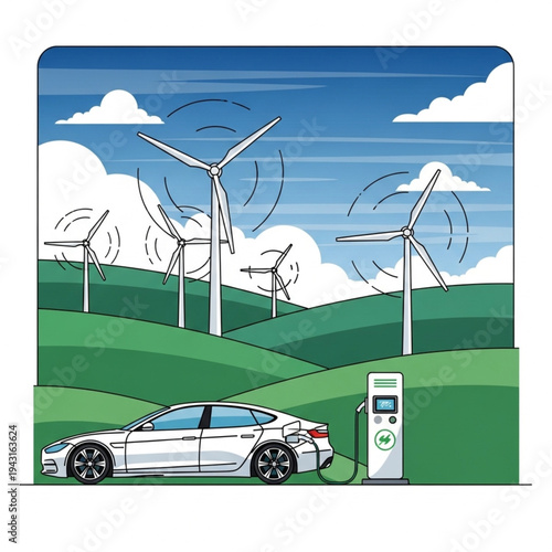 Electric Car Charging at Wind Turbines.