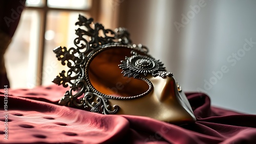 amrit. Ornate Venetian mask resting on dark velvet fabric, soft light highlighting its decorative details. event programs, museum guides, designed for cultural heritage projects and event programs.