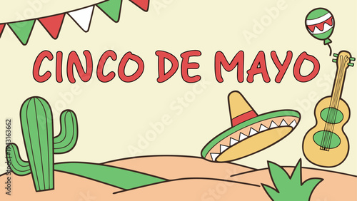 Colorful illustration of cinco de mayo celebration with cactus and sombrero