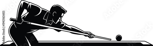 Black and white silhouette of a male billiard player aiming cue at ball on pool table, professional snooker player illustration, sports mascot.
