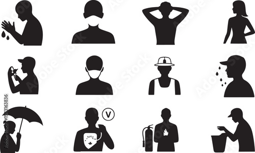 Black silhouettes of people performing various activities and wearing protective gear 1