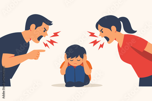 Angry Parents Shouting and Yelling at Scared Little Child Covering Ears, Domestic Violence and Child Abuse Concept, Toxic Parenting and Family Conflict Flat Vector Illustration on Light Background