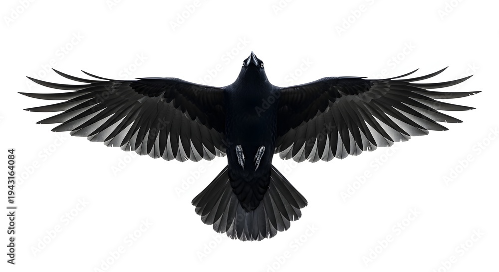 Fototapeta premium Majestic black crow in flight with outstretched wings isolated on white