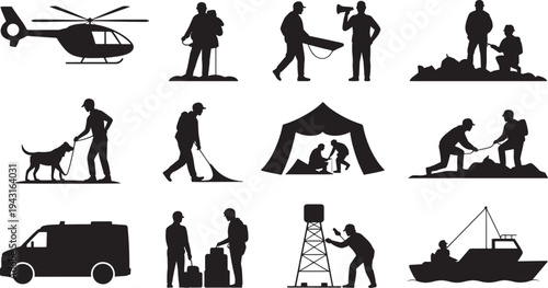 Black silhouettes of rescue and emergency response activities with helicopter, dog, and equipment