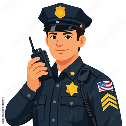 Police officer with radio and friendly smile