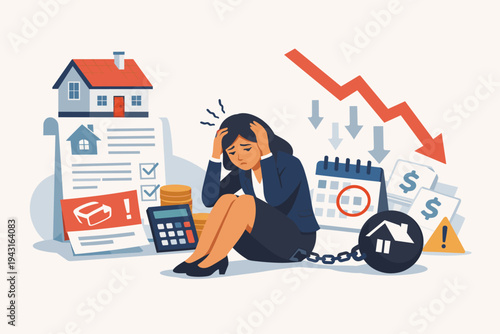 Stressed Businesswoman Sitting on Floor Chained to a House Ball and Chain, Struggling with Mortgage Payments, Financial Debt, Housing Crisis, and Economic Downturn, Flat Vector Illustration.