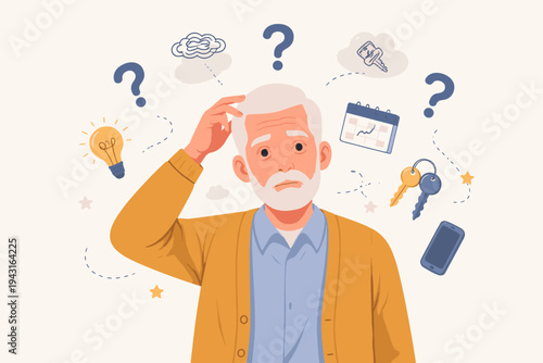 Senior Man Feeling Confused and Experiencing Short-Term Memory Loss Vector Illustration with Floating Icons of Forgotten Items Like Keys, Calendar, and Phone, Symbolizing Aging and Dementia.