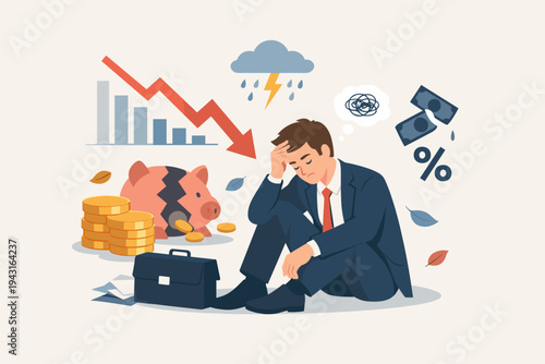 Stressed Businessman Sitting on Floor Facing Financial Crisis and Bankruptcy with Downward Graph Broken Piggy Bank and Debt Symbols Flat Vector Illustration of Economic Recession and Money Loss