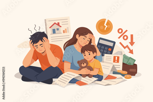 Stressed family struggling with financial debt and mortgage payments. Frustrated parents and child surrounded by unpaid bills, calculator, and broken coin. Economic crisis and poverty concept vector.