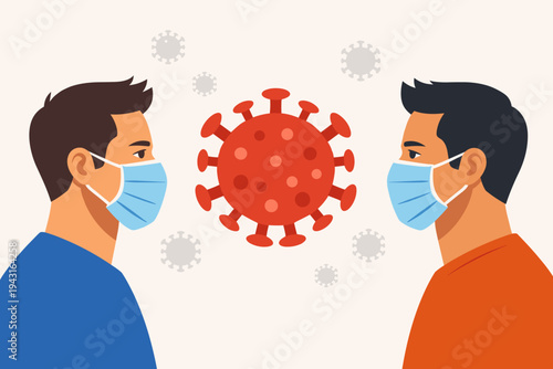 Vector illustration of two men wearing blue medical face masks for protection against COVID-19, looking at each other with a large red coronavirus cell in between them on a light background.