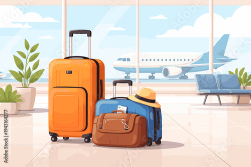 Vector Illustration of Traveler Suitcases and Luggage Inside an Airport Terminal Building with a Commercial Airplane on the Background Tarmac, Summer Vacation Travel Concept with Bags and Hat