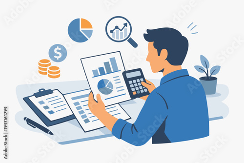 Vector illustration of a professional accountant sitting at a desk using a calculator to analyze financial reports, balance sheets, and data charts for business accounting and budget management.
