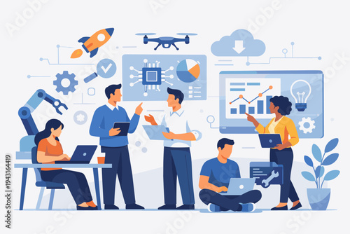 Team of diverse professionals collaborating on an innovative technology project featuring a rocket, drone, robotic arm, and data analytics charts for software development and engineering.