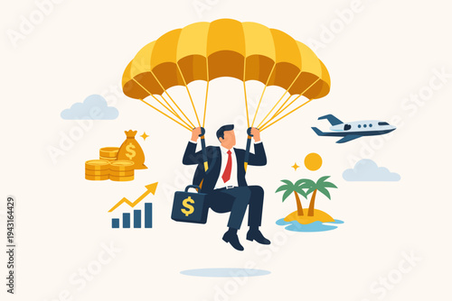 Golden Parachute Concept Illustration of a CEO Businessman Floating with a Yellow Parachute and Money Briefcase, Executive Severance Package, Financial Security, Wealth, and Corporate Exit Strategy