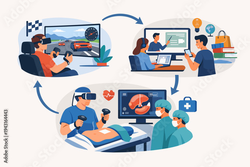 Comprehensive vector illustration of virtual reality technology applications in gaming, online education, digital shopping, and medical surgery simulation with VR headsets and controllers.