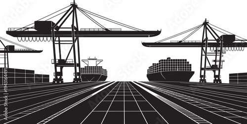 Large container ships docked at a port with cranes and stacked cargo containers