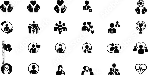 Healthcare icons, wellness silhouettes, family care, community support, medical heart symbols, social services, compassion, unity, teamwork, emotional well‑being, charity, outreach