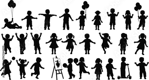 Children silhouettes, playing, dancing, jumping, scooter, balloons, painting, creativity, fun, activity, vector illustration, clipart, outline, black, design, lifestyle