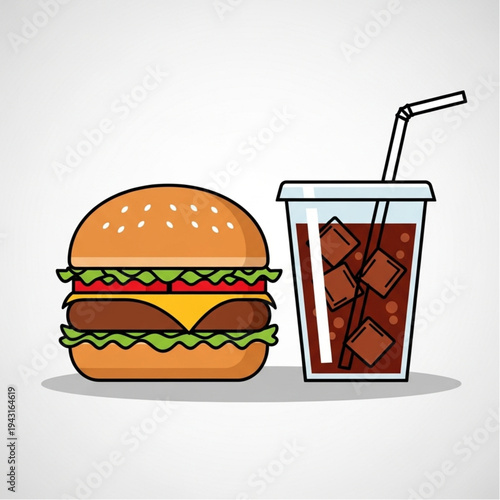 Cheeseburger and Soft Drink with Ice.