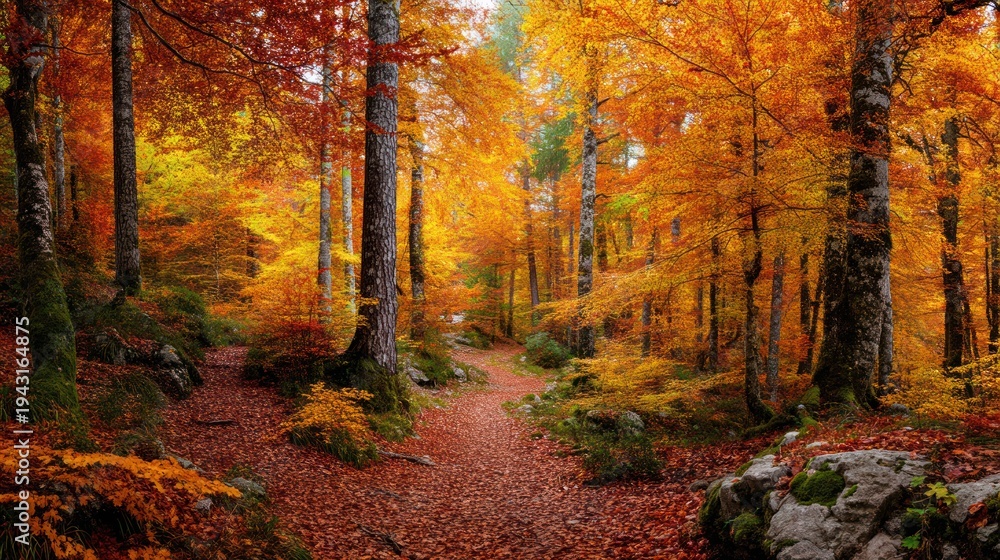 Fototapeta premium Autumn forest with colorful trees, a path, and fallen leaves