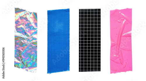 Photography Collection of holographic blue grid and neon pink sticky tape strips on a transp