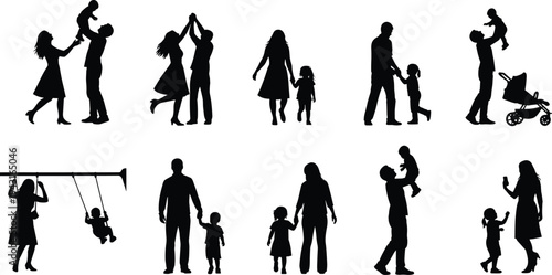 Family silhouettes, parents with children, walking, playing, lifting, stroller, swing, bonding, parenting, childhood, care, love, vector illustration, clipart, design, outline