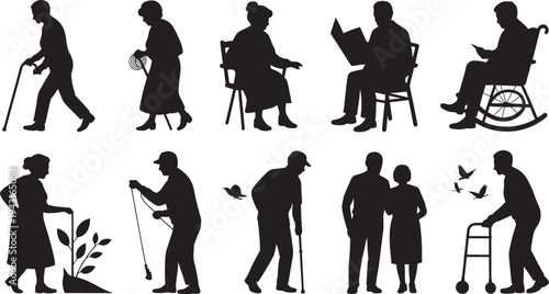 Silhouettes of elderly people engaging in various activities and using mobility aids