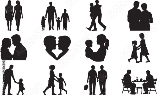 Silhouettes of families and couples in various poses and activities family love heart