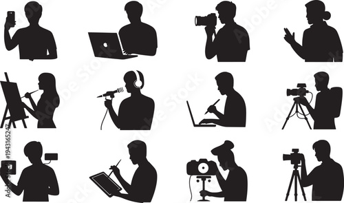 Silhouettes of people engaged in various creative and technological activities technology