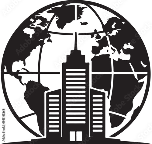 Black and white of globe with skyscrapers in foreground earth continents buildings de