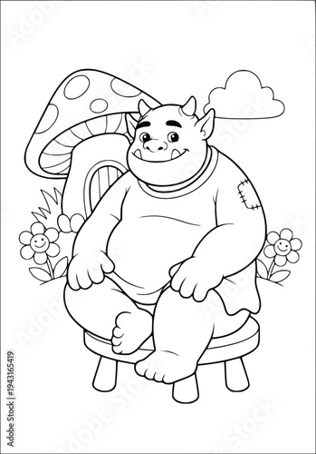Coloring book illustration with a cute friendly troll sitting on a stool