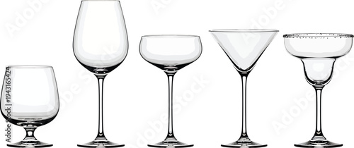 Five Empty Wine Glasses on White Background