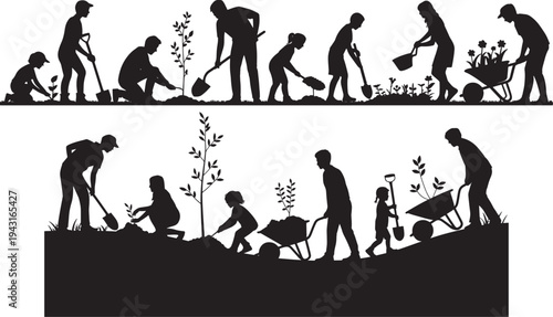 Silhouettes of people gardening and planting in a garden setting shovels